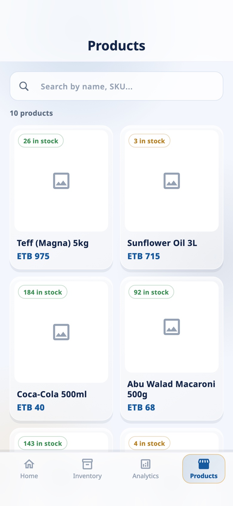 OmniSuq product list with stock levels